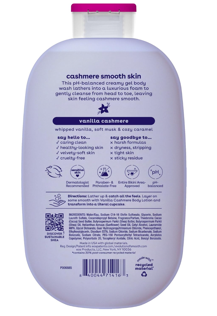 eos Shea Better Cashmere Body Wash, Vanilla Cashmere, Moisturizing and Nourishing, pH Balanced Creamy Gel Formula, Paraben & Phthalate Free, Sensitive Skin,16 fl oz