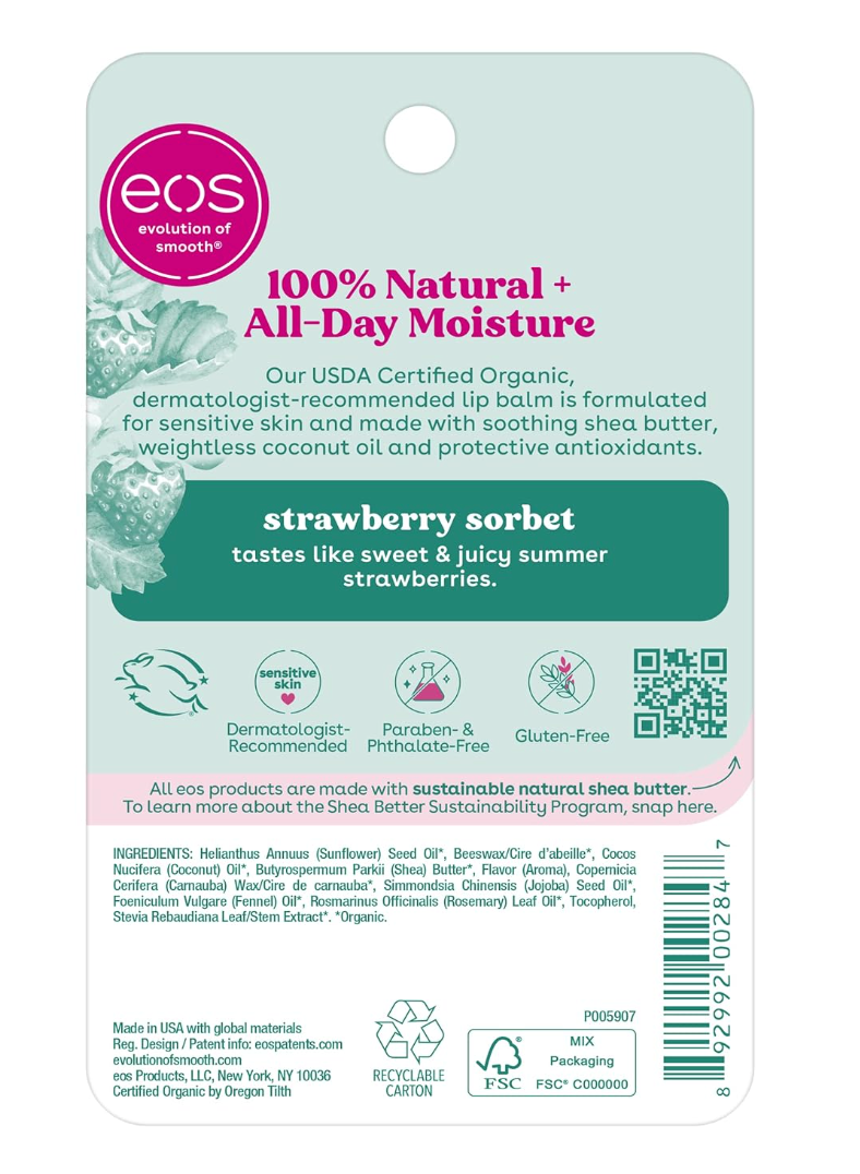 EOS 100% Natural & Organic Lip Balm, Strawberry Sorbet, All-Day Moisture, 0.25 oz