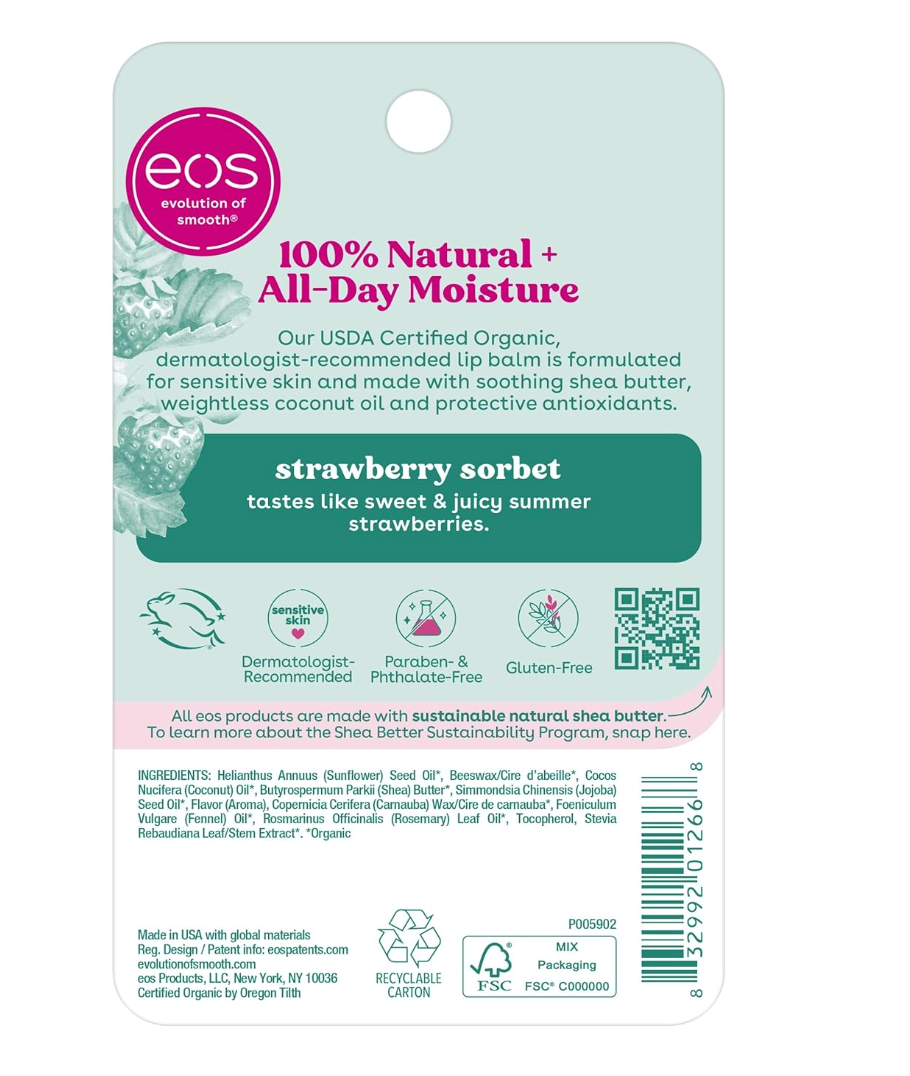 eos 100% Natural & Organic Lip Balm Sticks – Strawberry Sorbet – All-Day Moisture – 2-Pack