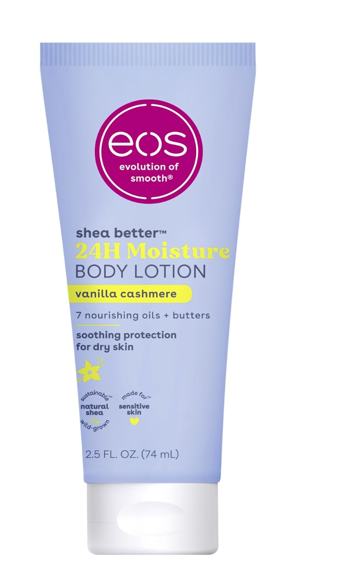 eos 24H Moisture Travel Body Lotion- Vanilla Cashmere, Travel Size Essential, Toiletries, Mini Body Lotion, 2.5 fl oz