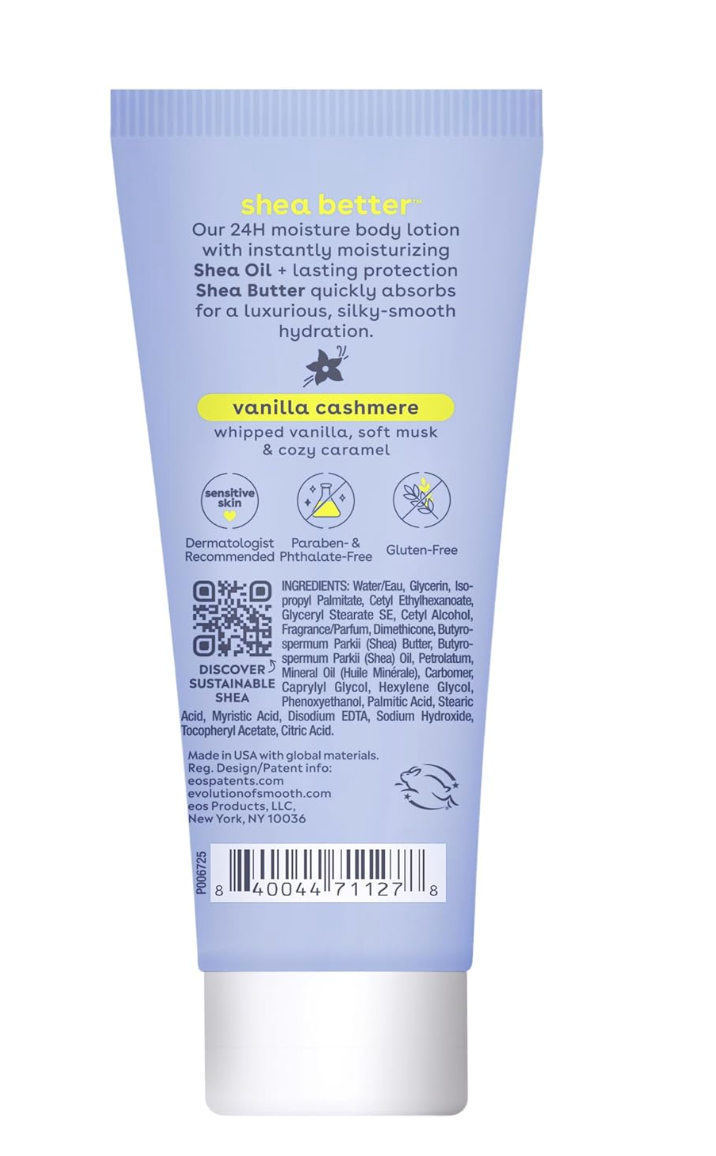 eos 24H Moisture Travel Body Lotion- Vanilla Cashmere, Travel Size Essential, Toiletries, Mini Body Lotion, 2.5 fl oz