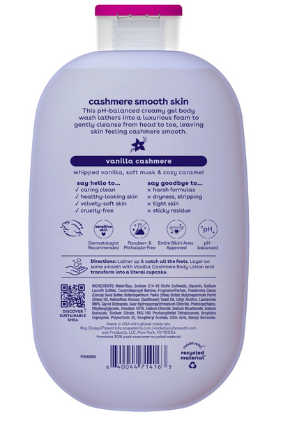 eos Shea Better Cashmere Body Wash, Vanilla Cashmere, Moisturizing and Nourishing, pH Balanced Creamy Gel Formula, Paraben & Phthalate Free, Sensitive Skin,16 fl oz