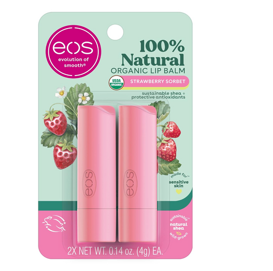 eos 100% Natural & Organic Lip Balm Sticks – Strawberry Sorbet – All-Day Moisture – 2-Pack
